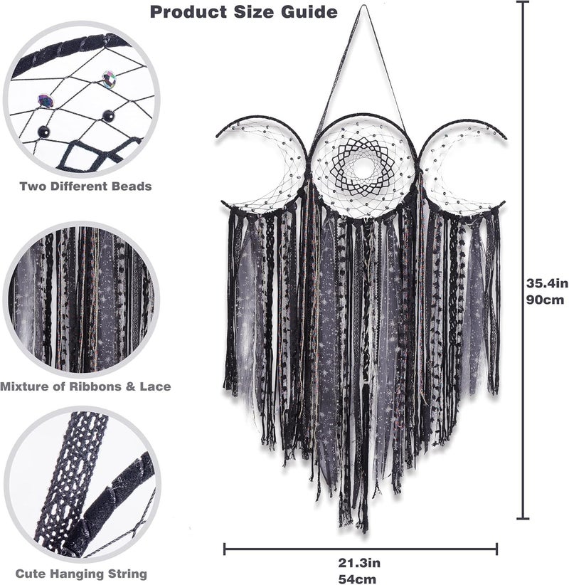 ANROYE Black Triple Moon Goddess Macrame Wall Hanging, Wicca Crescent Dream Catcher for Witch Home, Dreamcatcher for Bedroom Decoration, Pagan Woven Tapestry for Wiccan Adults Decor - Image 4